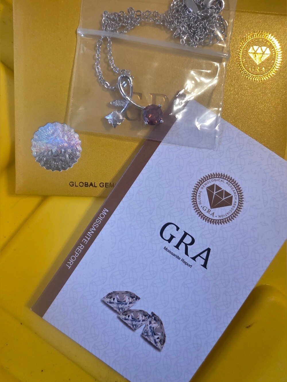 Silver Necklace with Watermelon Red Moissanite Gem Pendant
